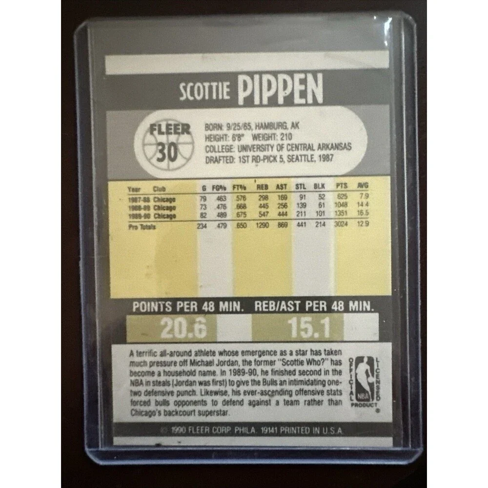 Scottie Pippen 1990-91 Fleer #30 Black Line Error Card Vtg Bulls NBA